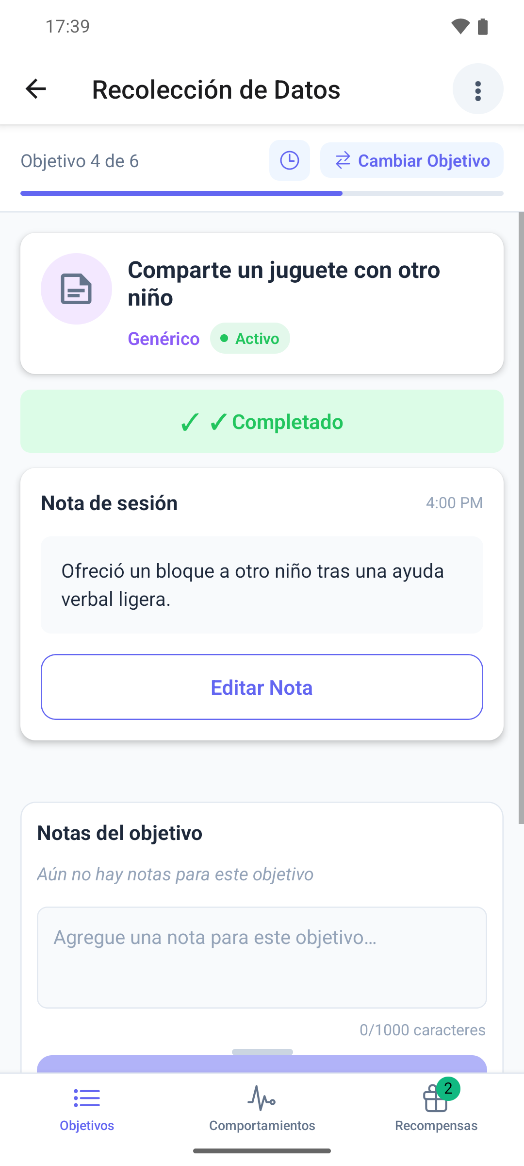 Un objetivo genérico en la aplicación móvil con una nota guardada, la marca Completado y el botón Editar Nota