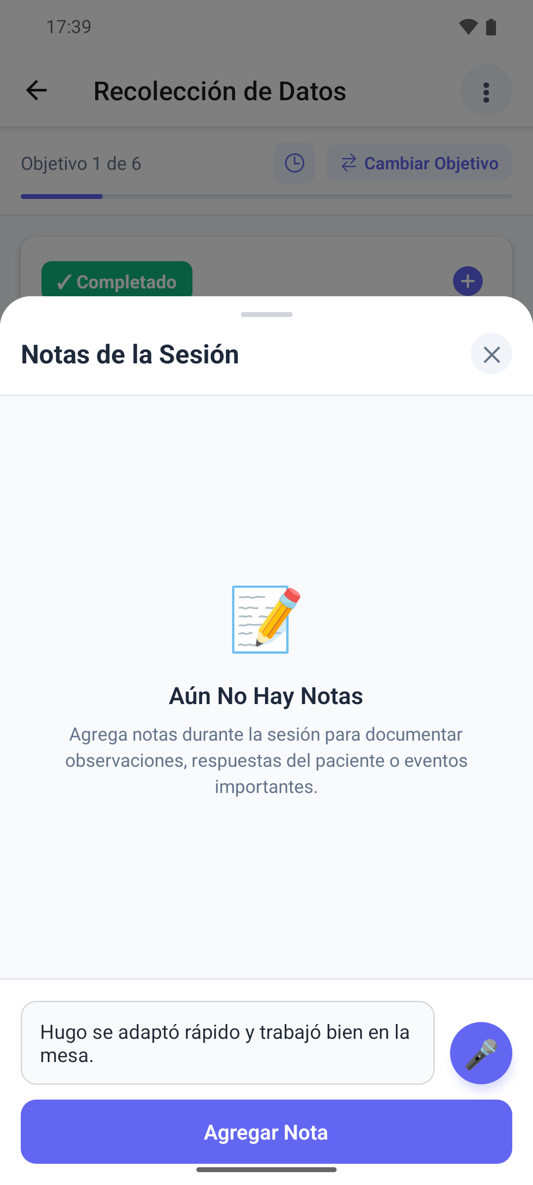 La hoja Notas de la Sesión en la aplicación móvil con una nota a medio escribir y el botón Agregar Nota