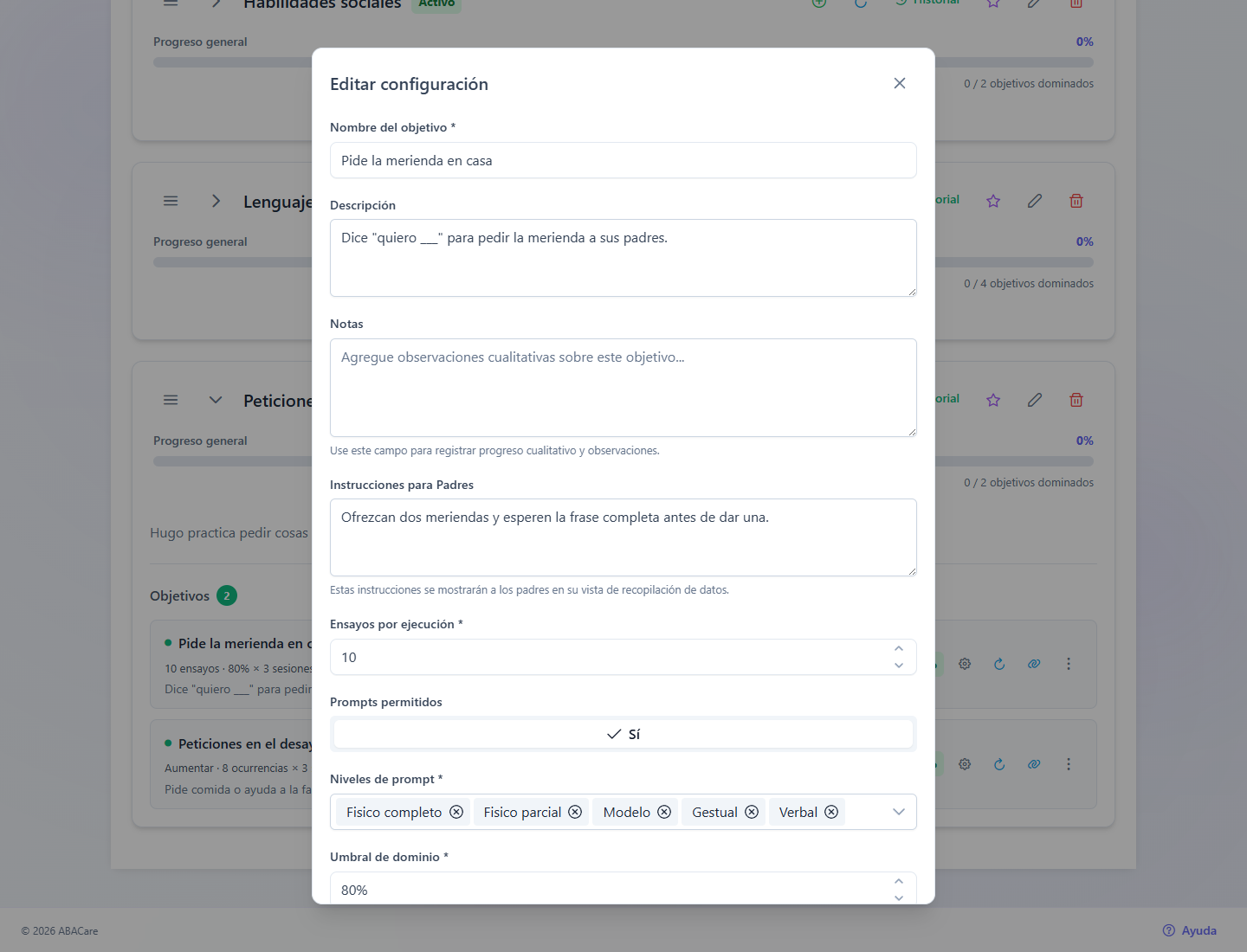 La ventana Editar configuración de un objetivo bajo una meta asignada, con el campo Instrucciones para Padres completado