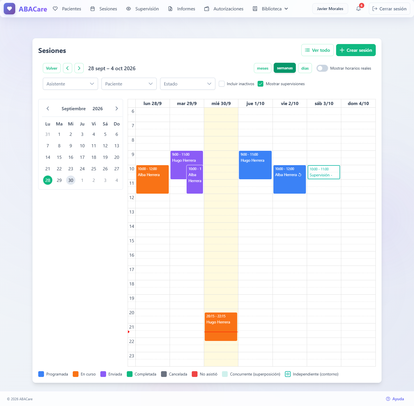El calendario de sesiones de la aplicación web en vista semanal, con sesiones coloreadas por estado, una supervisión superpuesta y la leyenda