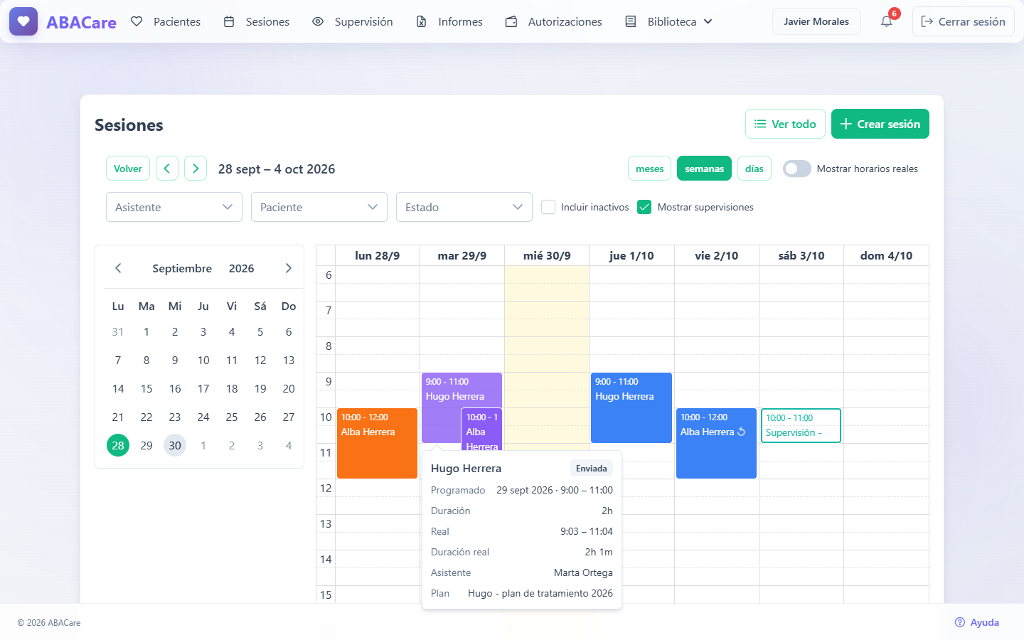 La tarjeta Detalles de la sesión sobre una sesión enviada en el calendario, con horas programadas y reales, asistente y plan