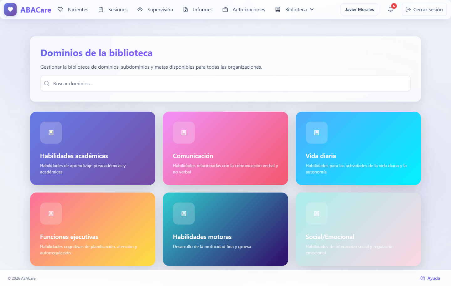 La página Dominios de la biblioteca con el campo de búsqueda y una tarjeta por dominio