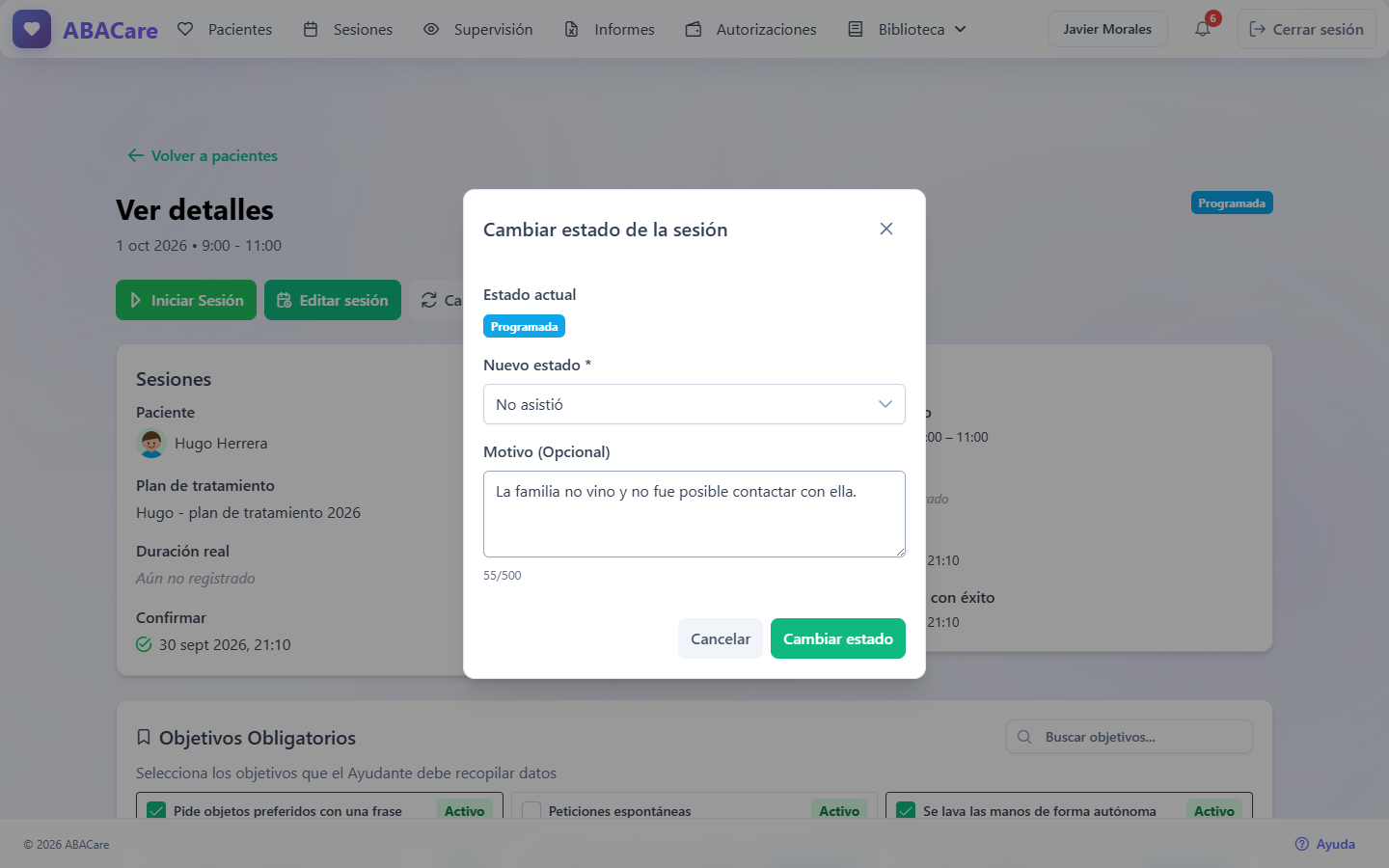 La ventana Cambiar estado de la sesión de la aplicación web con No asistió elegido y un motivo escrito