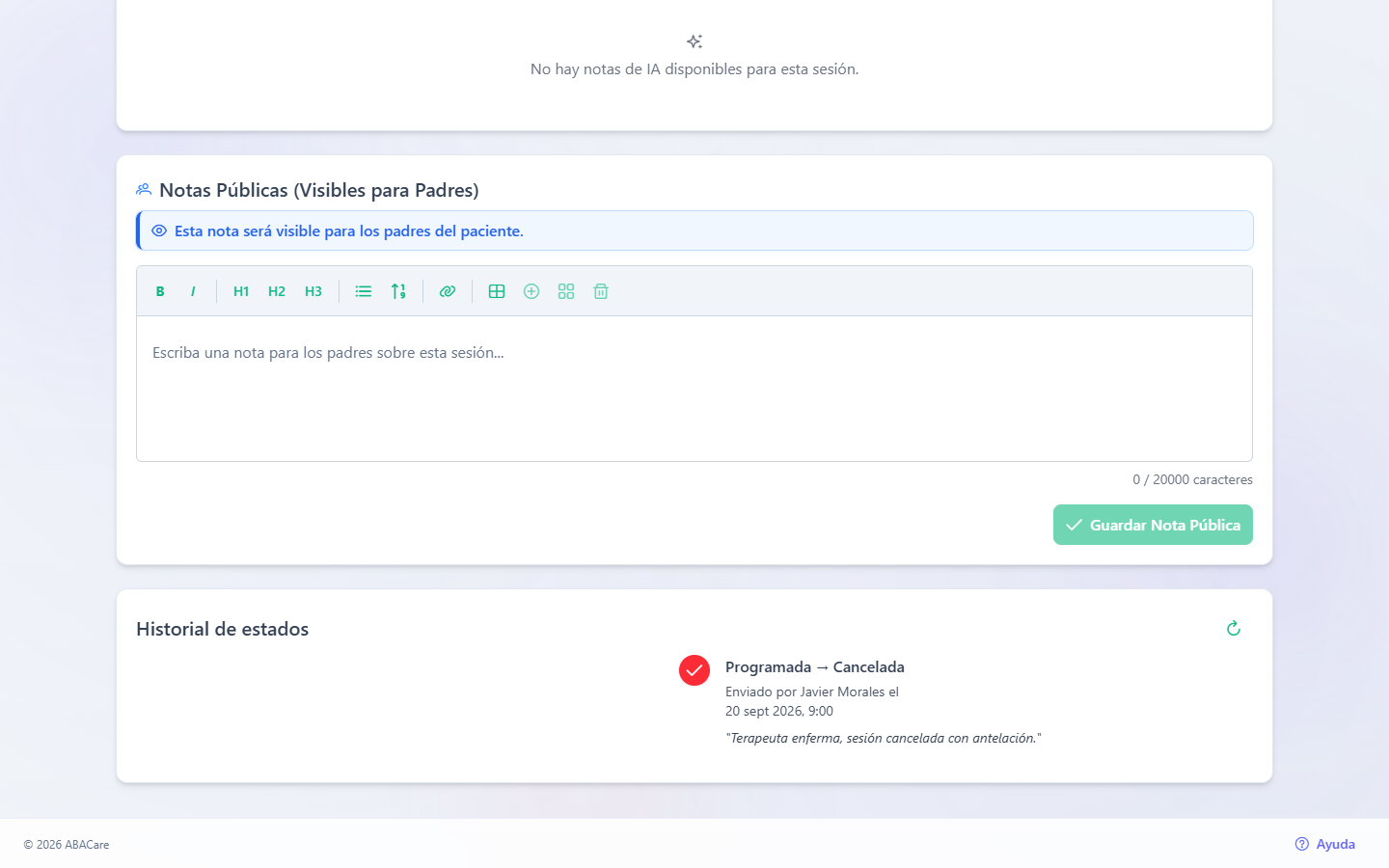 Una sesión cancelada en la aplicación web con su Historial de estados, que muestra el cambio a Cancelada y el motivo