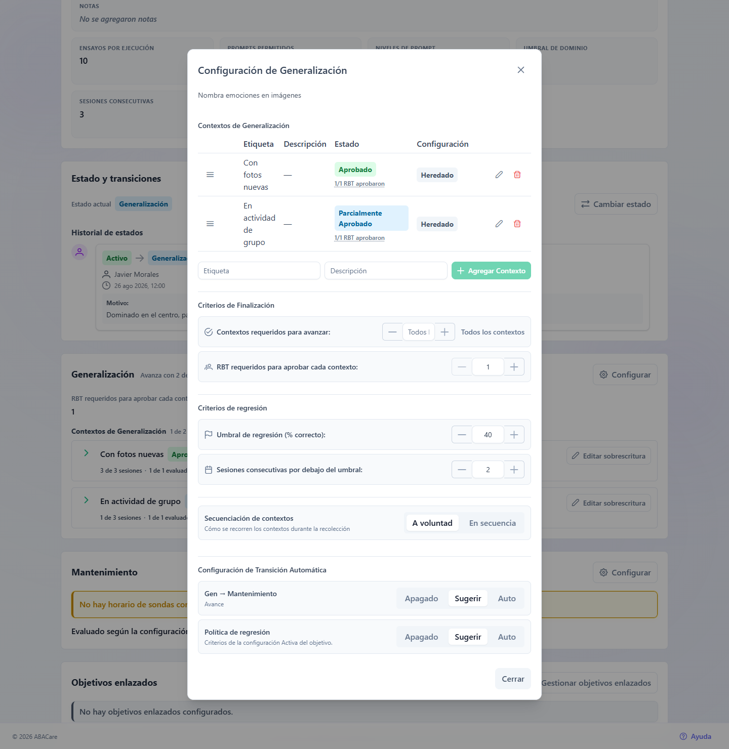 La ventana Configuración de Generalización de un objetivo DTT con dos contextos, los criterios de finalización y los criterios de regresión