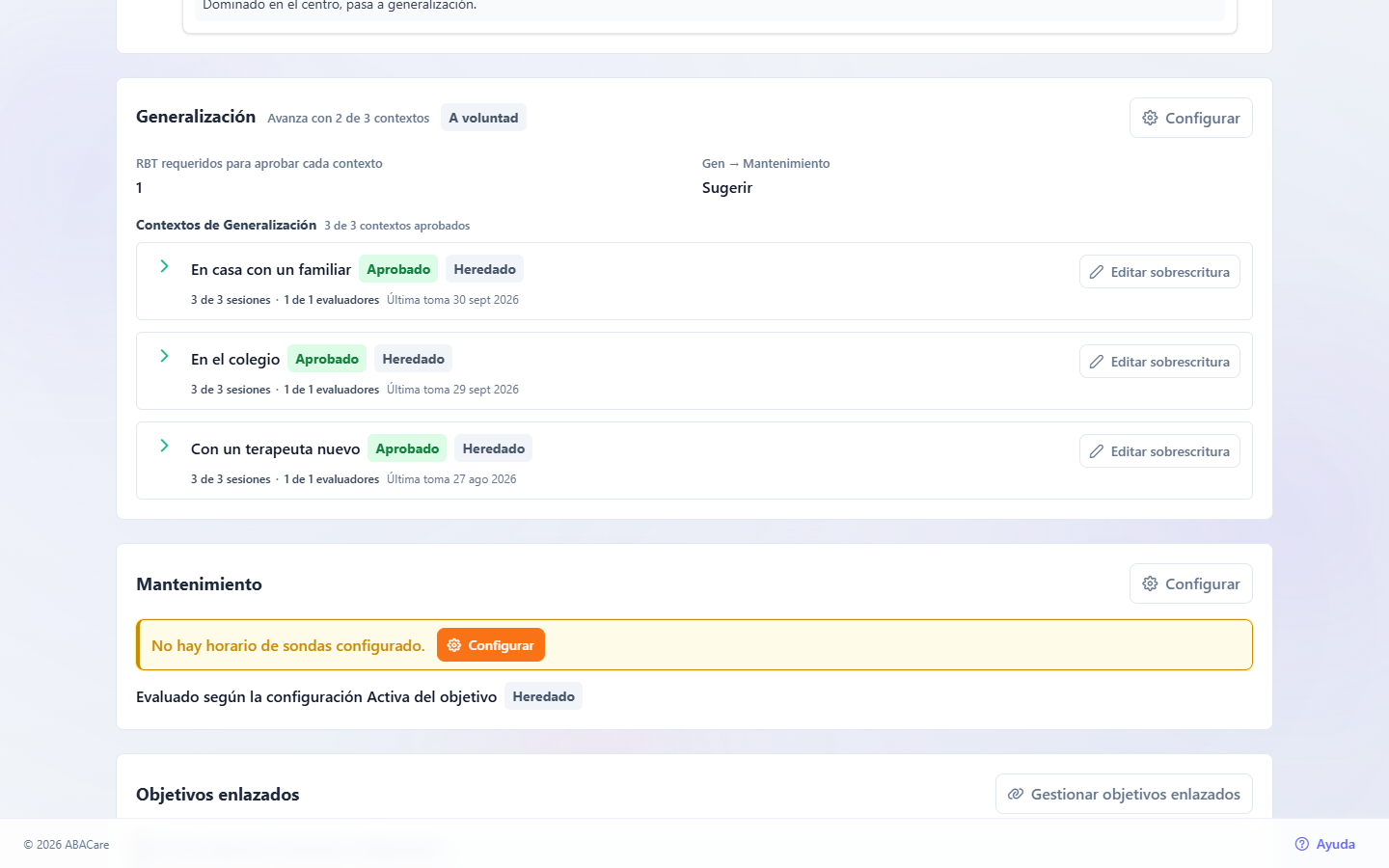 La sección Generalización de la página de detalles de un objetivo con sus contextos, su situación y el resumen Avanza con 2 de 3 contextos