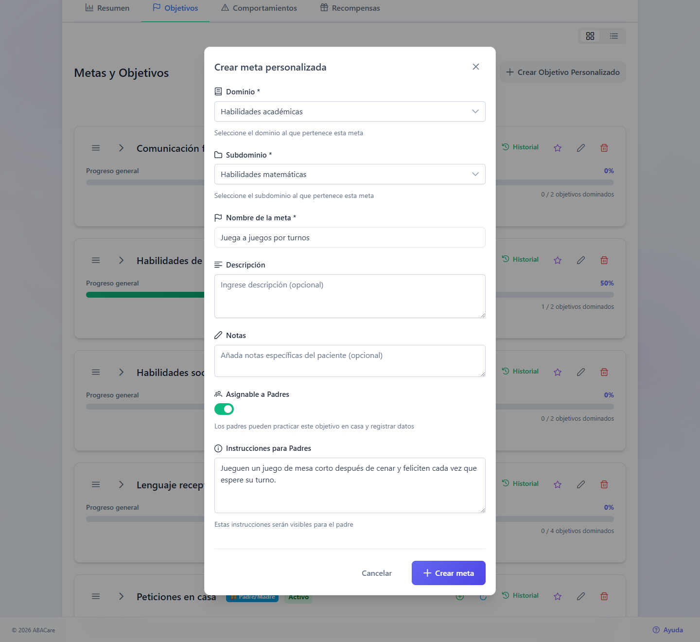 La ventana Crear meta personalizada con un dominio, un subdominio, el nombre de la meta y Asignable a Padres activado