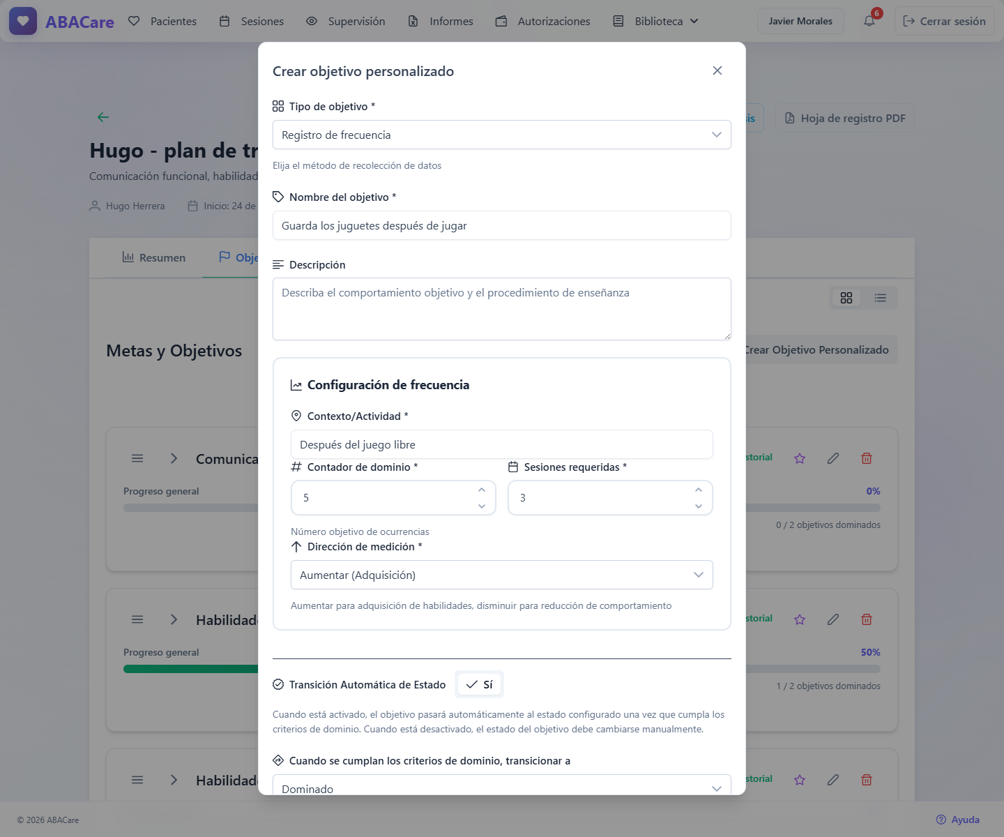 La ventana Crear objetivo personalizado con Registro de frecuencia elegido, el campo Contexto/Actividad y los campos de dominio