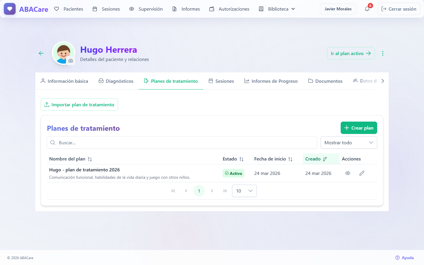 La pestaña Planes de tratamiento de un paciente en la aplicación web, con el botón Importar plan de tratamiento, el botón Crear plan y un plan Activo en la lista