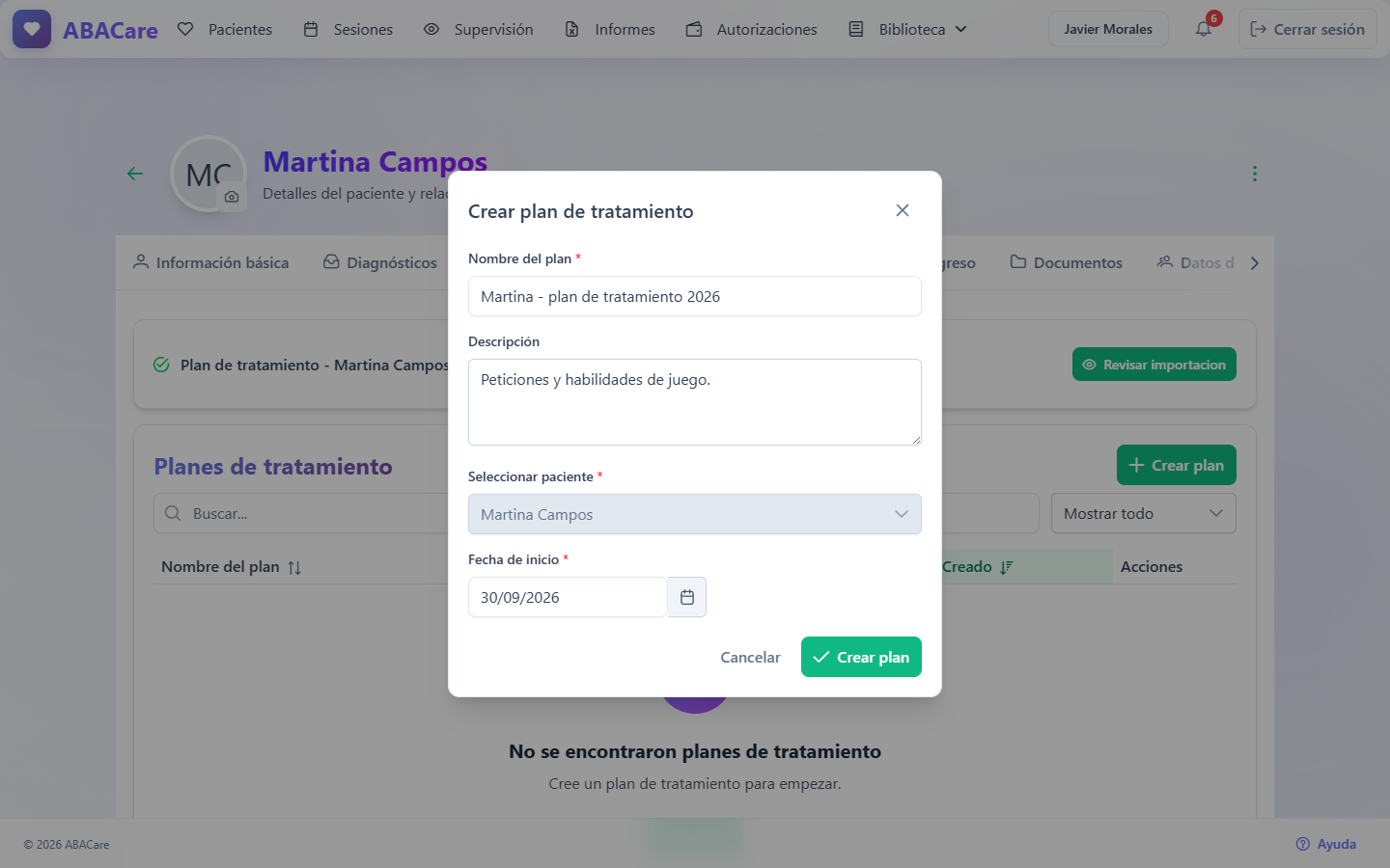 La ventana Crear plan de tratamiento con el nombre del plan, una descripción y la fecha de inicio