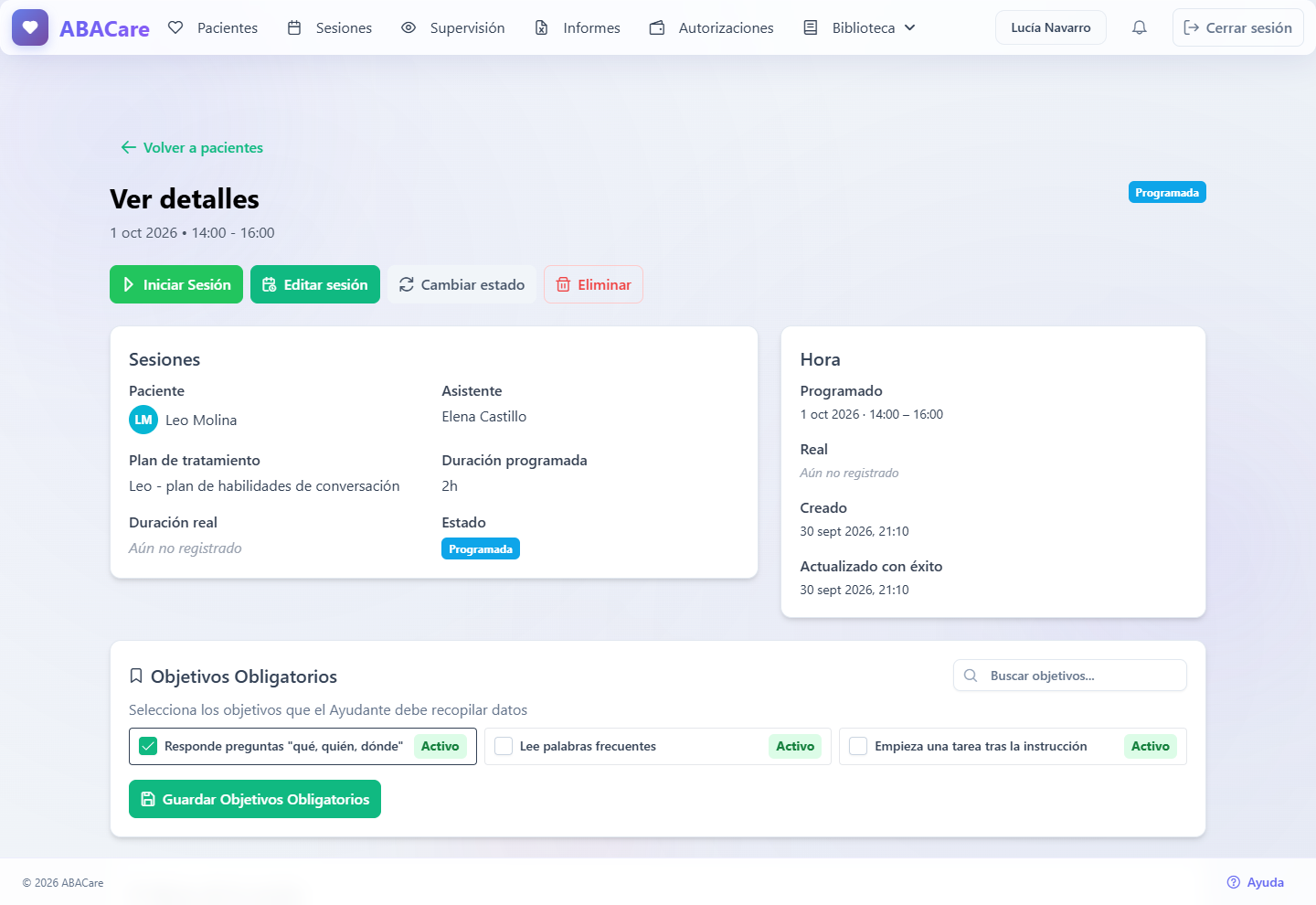 Una sesión programada en la aplicación web con el botón Iniciar Sesión y la tarjeta Objetivos Obligatorios