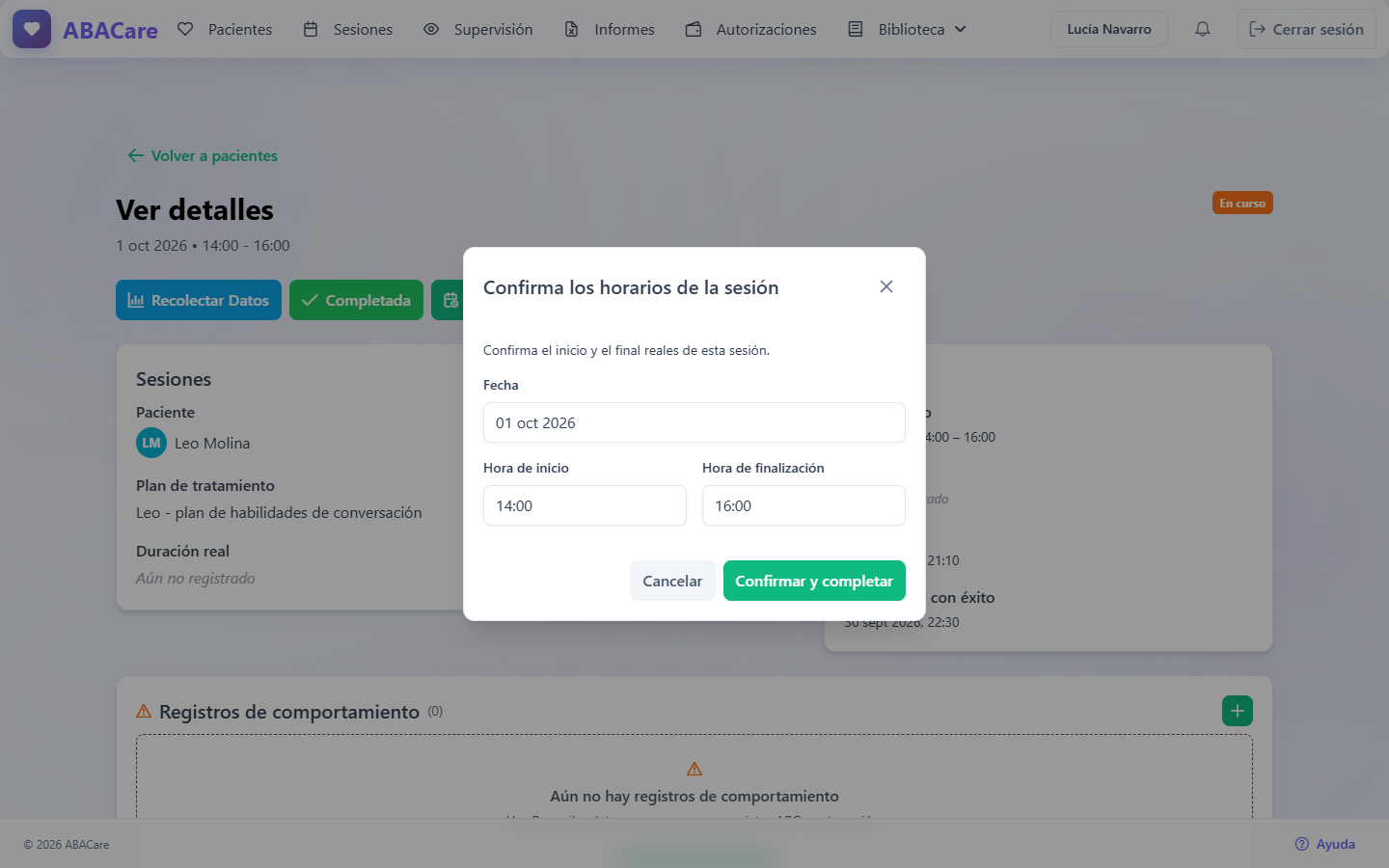 La ventana Confirma los horarios de la sesión en la aplicación web con la fecha, la hora de inicio, la hora de finalización y el botón Confirmar y completar