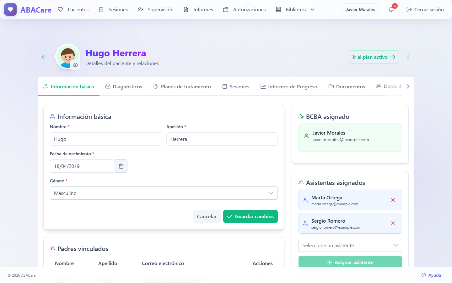 La tarjeta Información básica de un paciente en modo edición, con nombre, apellido, fecha de nacimiento, género y el botón Guardar cambios