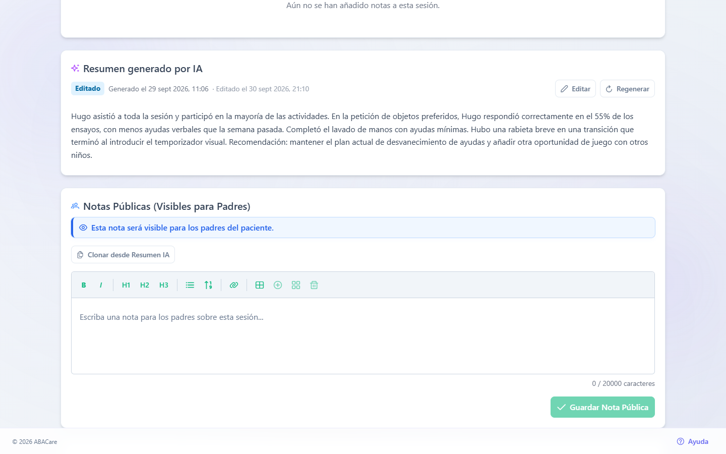 La tarjeta Resumen generado por IA de una sesión enviada en la aplicación web, con la nota redactada, sus fechas y los botones Editar y Regenerar