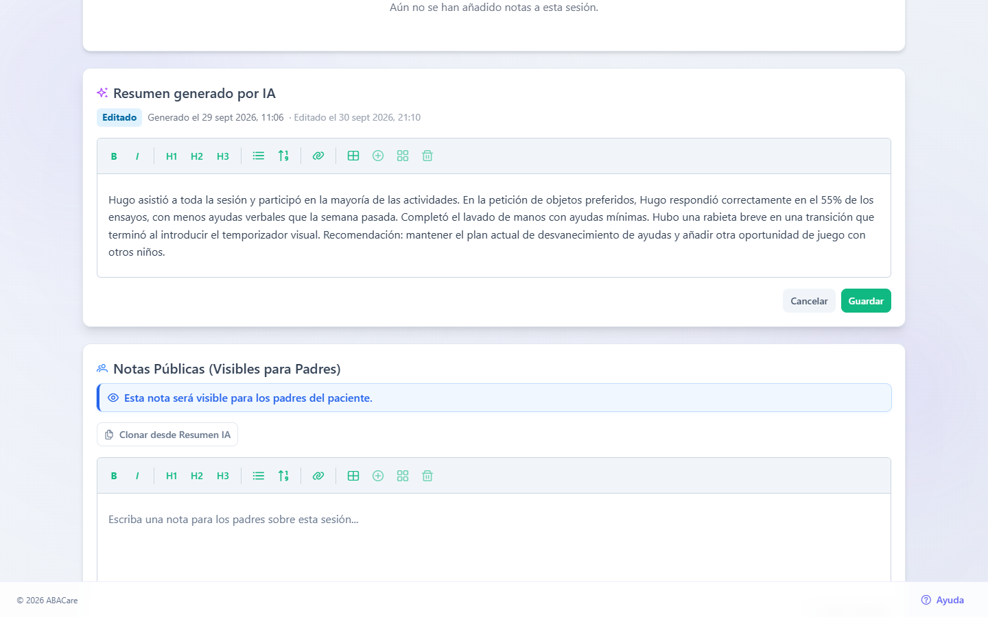 La tarjeta Resumen generado por IA en modo de edición, con la nota en el editor y los botones Cancelar y Guardar