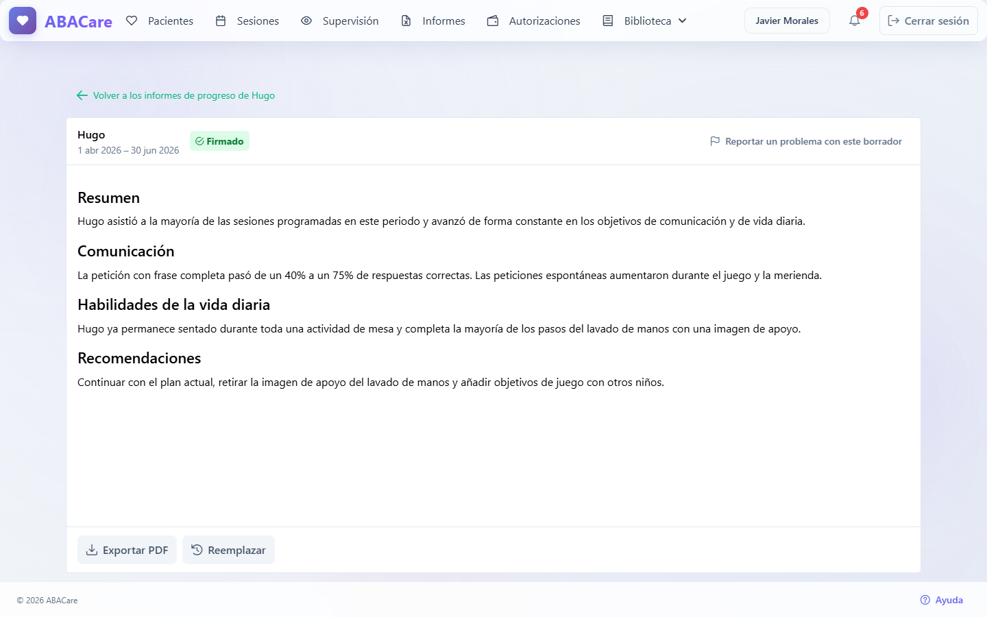 Un informe de progreso firmado abierto en solo lectura, con los botones Reemplazar y Exportar PDF
