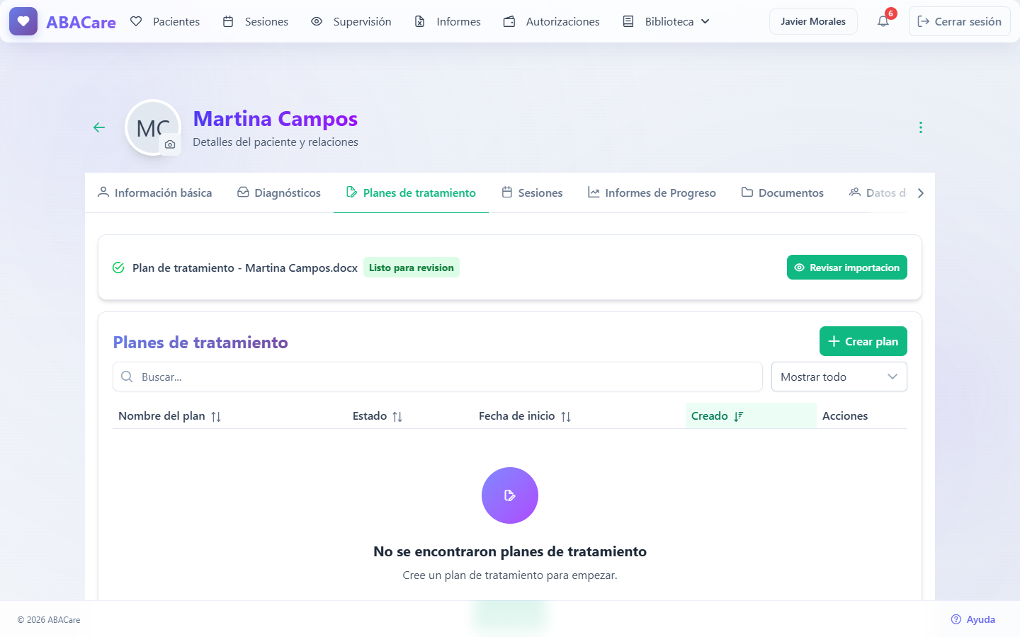 La tarjeta de importación en la pestaña Planes de tratamiento de un paciente, con el nombre del archivo, la etiqueta Listo para revision y el botón Revisar importacion