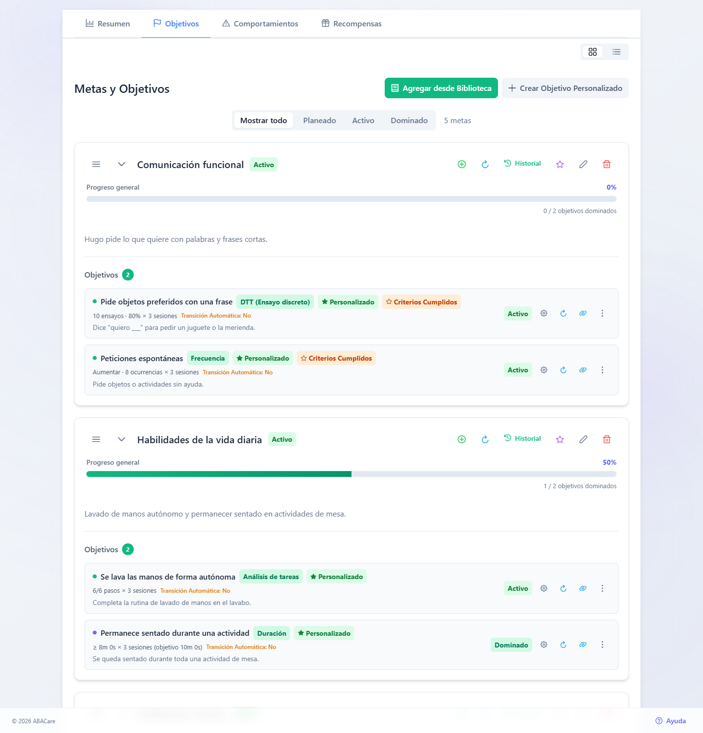 Las metas del plan de tratamiento de un paciente en la aplicación web de ABACare, con objetivos de varios tipos y estados