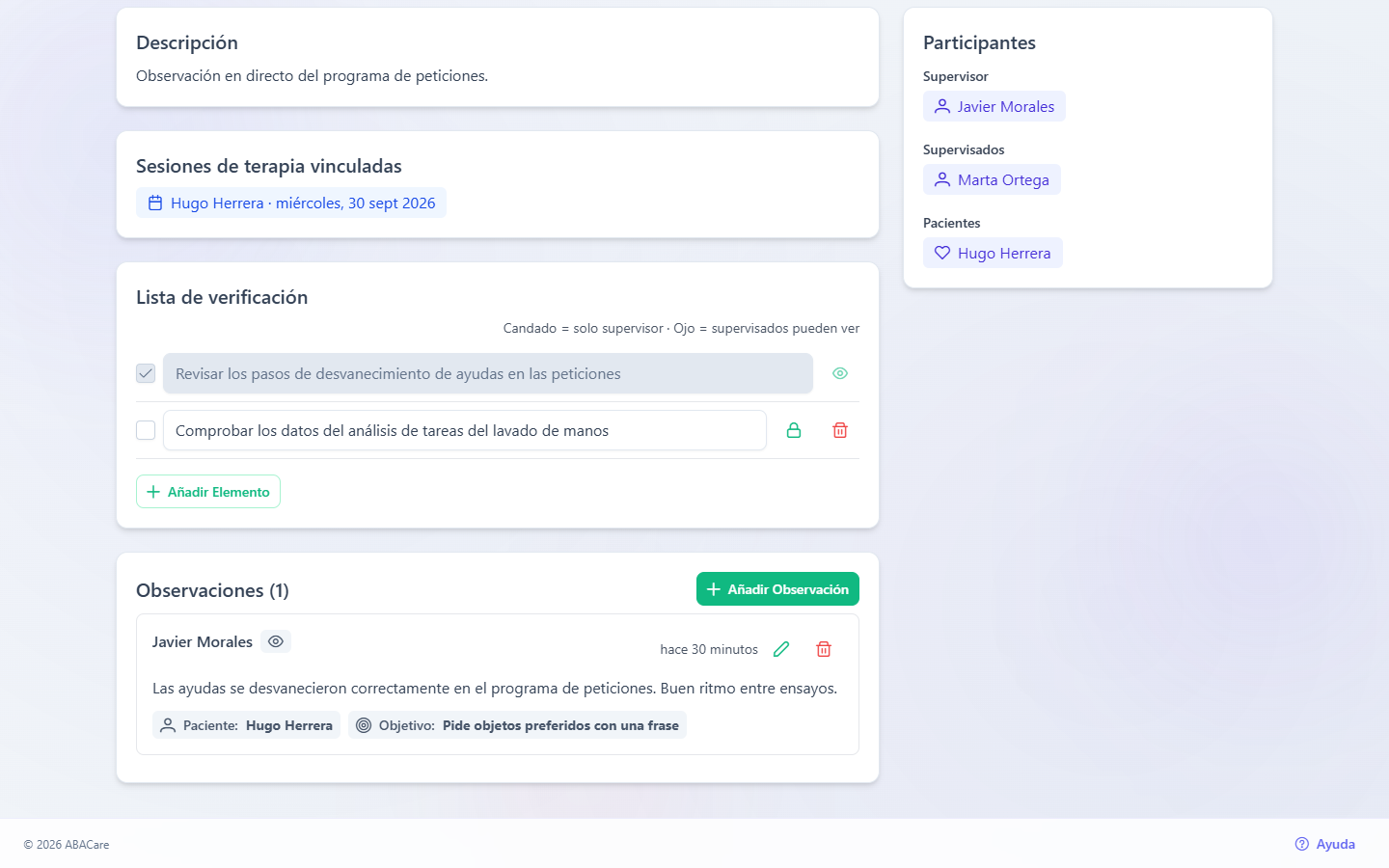 La tarjeta Lista de verificación de una supervisión en curso en la aplicación web con un elemento hecho, un elemento solo para el supervisor y el botón Añadir Elemento