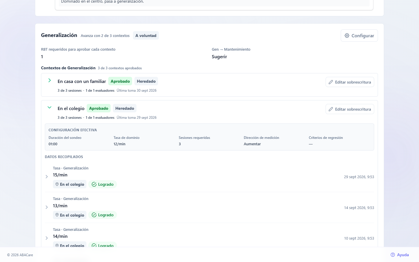 La sección Generalización de la página de un objetivo en la aplicación web, con un contexto abierto que muestra su configuración efectiva y el botón Editar sobrescritura