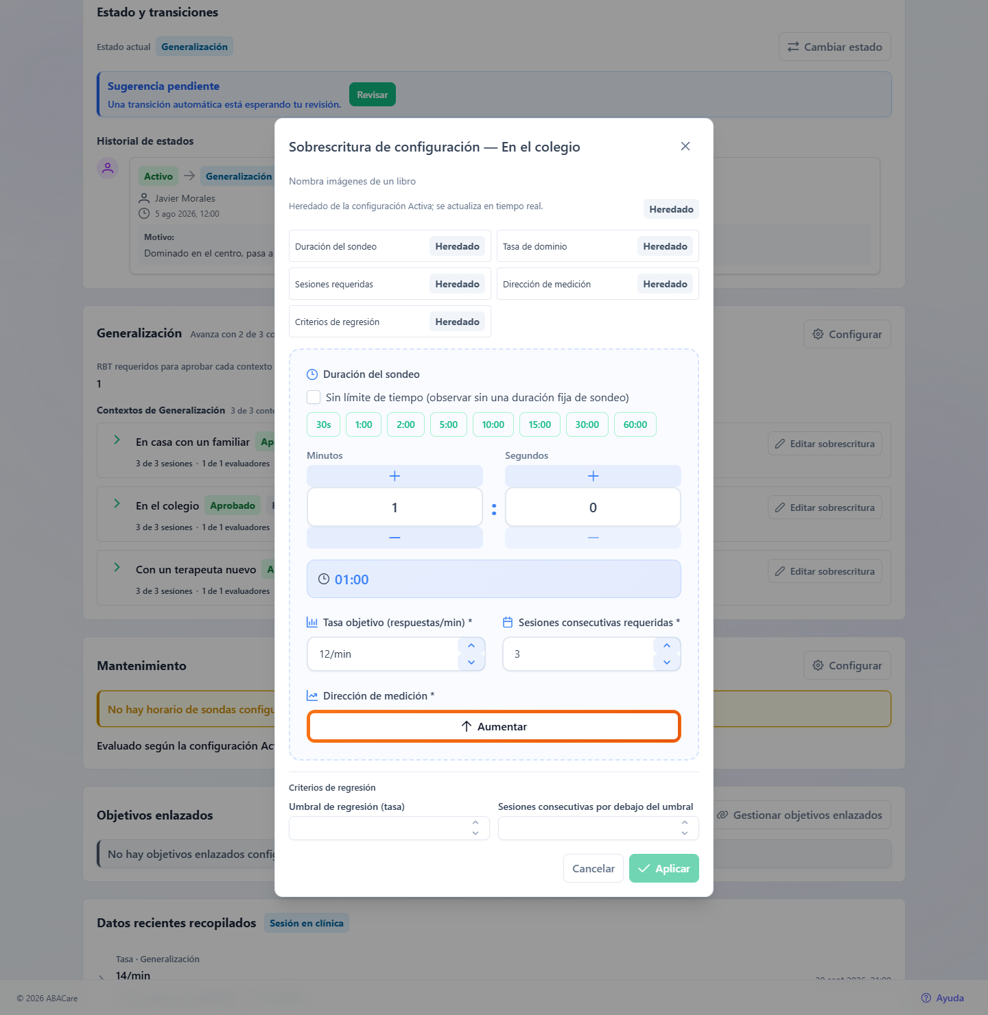 La ventana Sobrescritura de configuración de un contexto, con la línea de ayuda, los campos de medición del objetivo, Criterios de regresión y el botón Aplicar