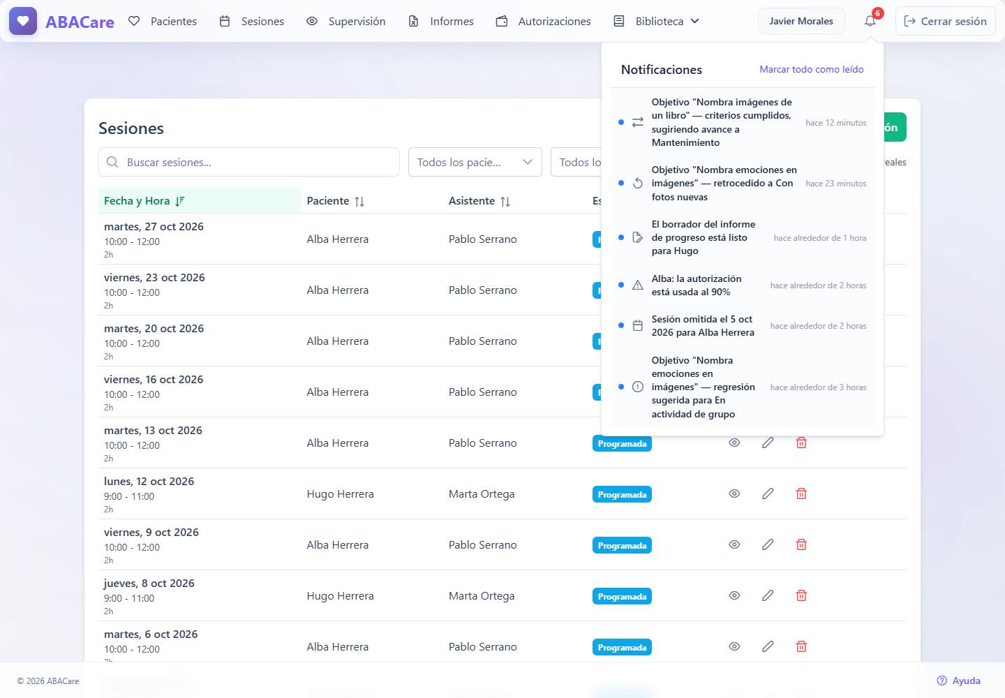 La lista Notificaciones bajo la campana en la aplicación web, con notificaciones sin leer de objetivos, autorizaciones e informes de progreso