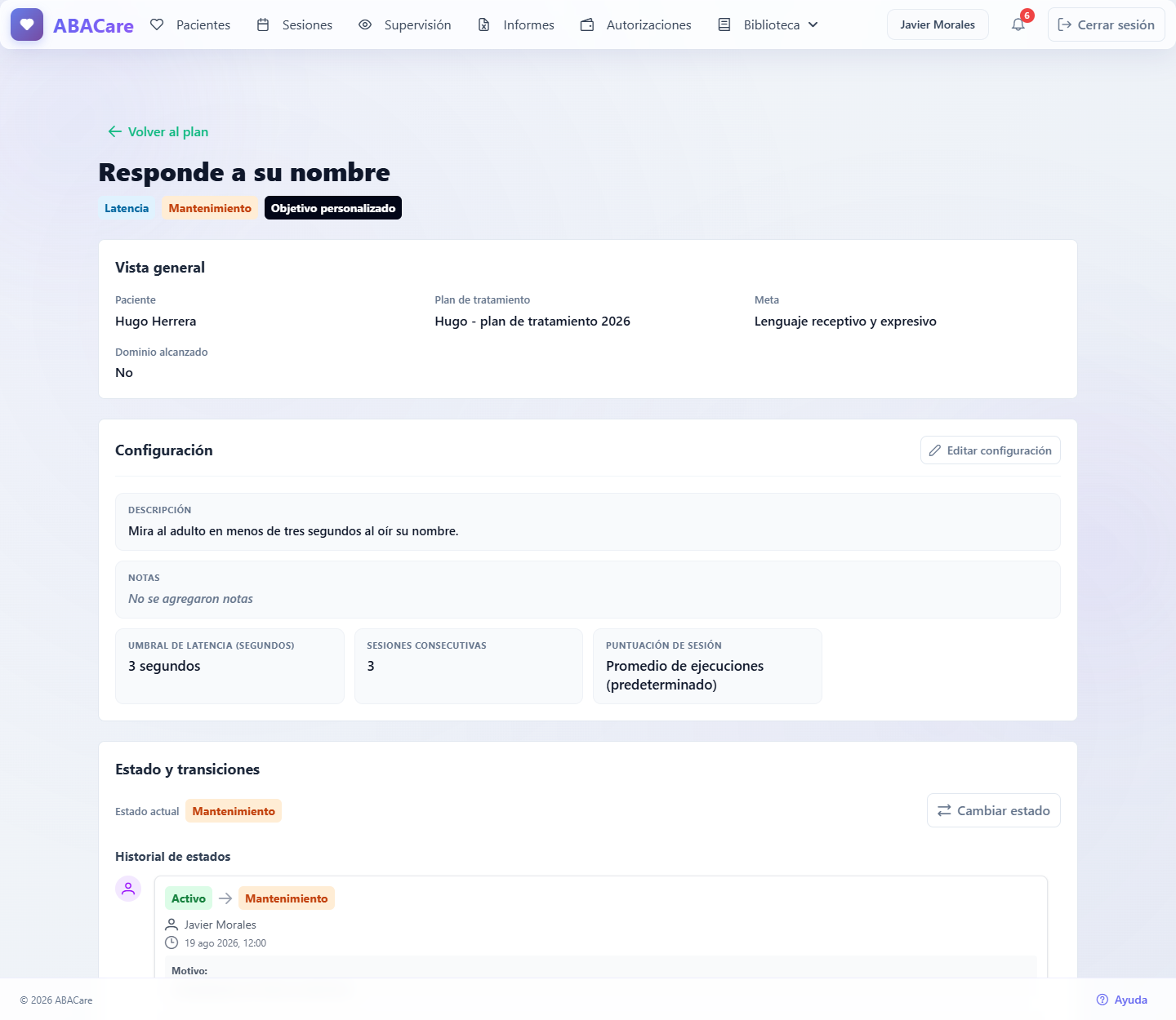 La parte superior de la página de un objetivo en la aplicación web con el nombre y las etiquetas del objetivo, el bloque Vista general y la sección Estado y transiciones con el historial de estados
