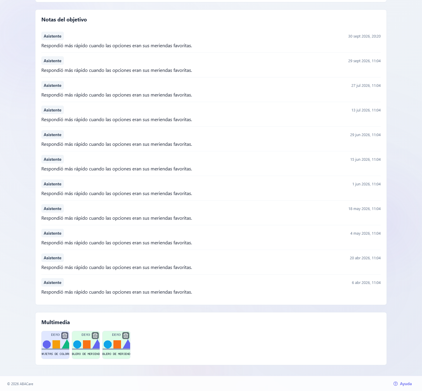 Las secciones Notas del objetivo y Multimedia de la página de un objetivo en la aplicación web, con notas de varias sesiones y una cuadrícula de fotos