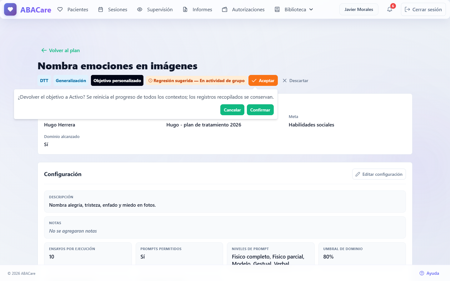 La página de un objetivo en la aplicación web con la insignia Regresión sugerida junto al nombre del objetivo y la confirmación para devolverlo a Activo