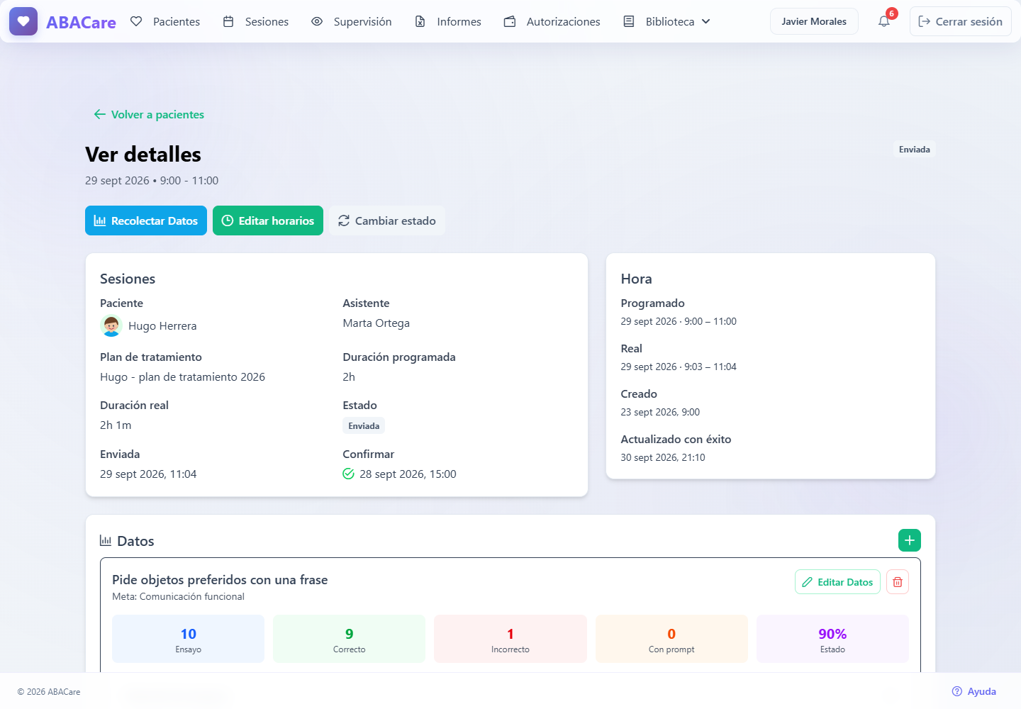 Una sesión enviada en la aplicación web con los botones Editar horarios y Cambiar estado, las horas y la tarjeta Datos