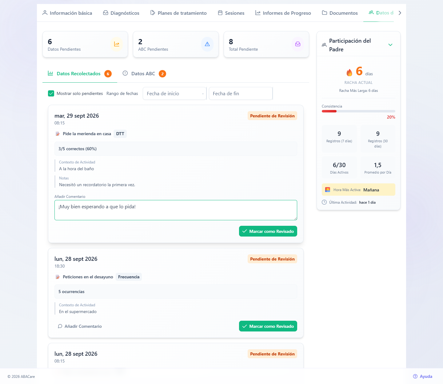 La pestaña Datos de Padres de un paciente en la aplicación web, con los contadores de pendientes, la lista Datos Recolectados y un comentario escrito en un registro de práctica en casa