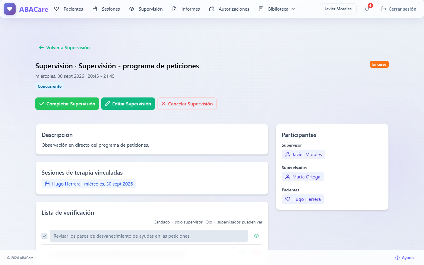 Una supervisión en curso en la aplicación web con los botones Completar Supervisión, Editar Supervisión y Cancelar Supervisión