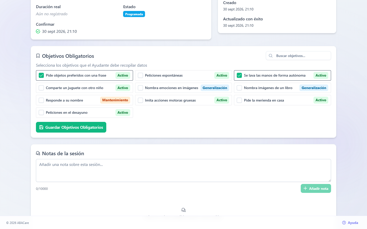 La tarjeta Objetivos Obligatorios de una sesión programada en la aplicación web, con dos objetivos marcados y el botón Guardar Objetivos Obligatorios