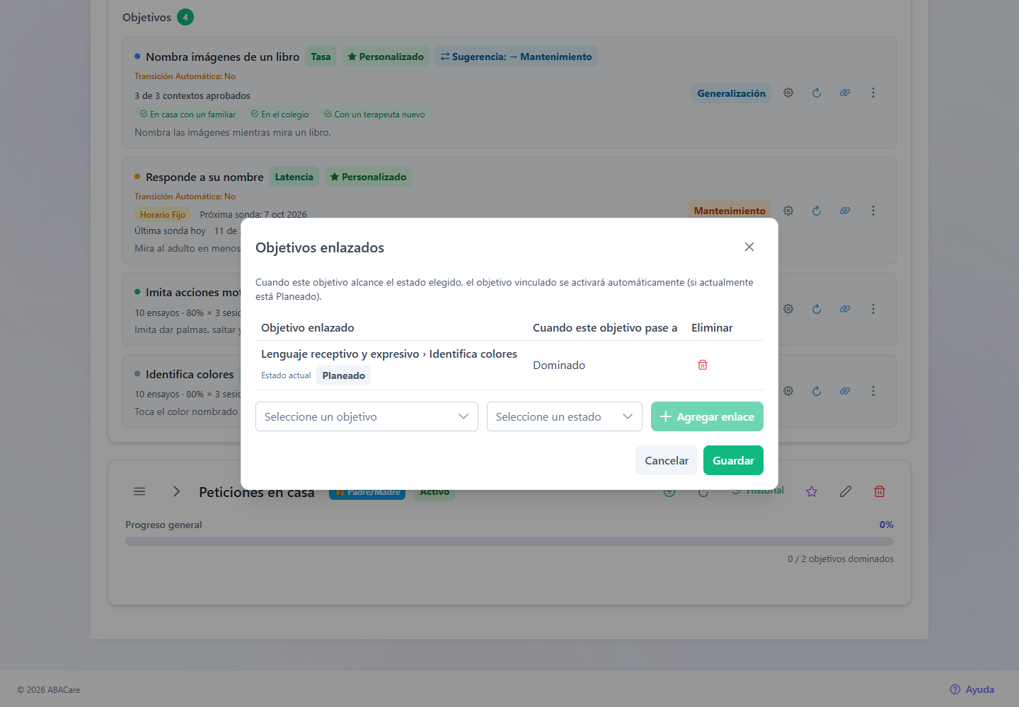 La ventana Objetivos enlazados en la aplicación web con un objetivo Planeado y el estado Dominado elegidos, y el nuevo enlace añadido a la lista