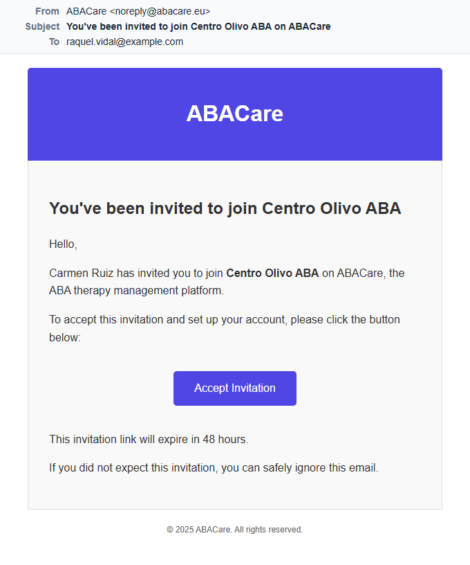 El correo de invitación de ABACare con el botón Accept Invitation
