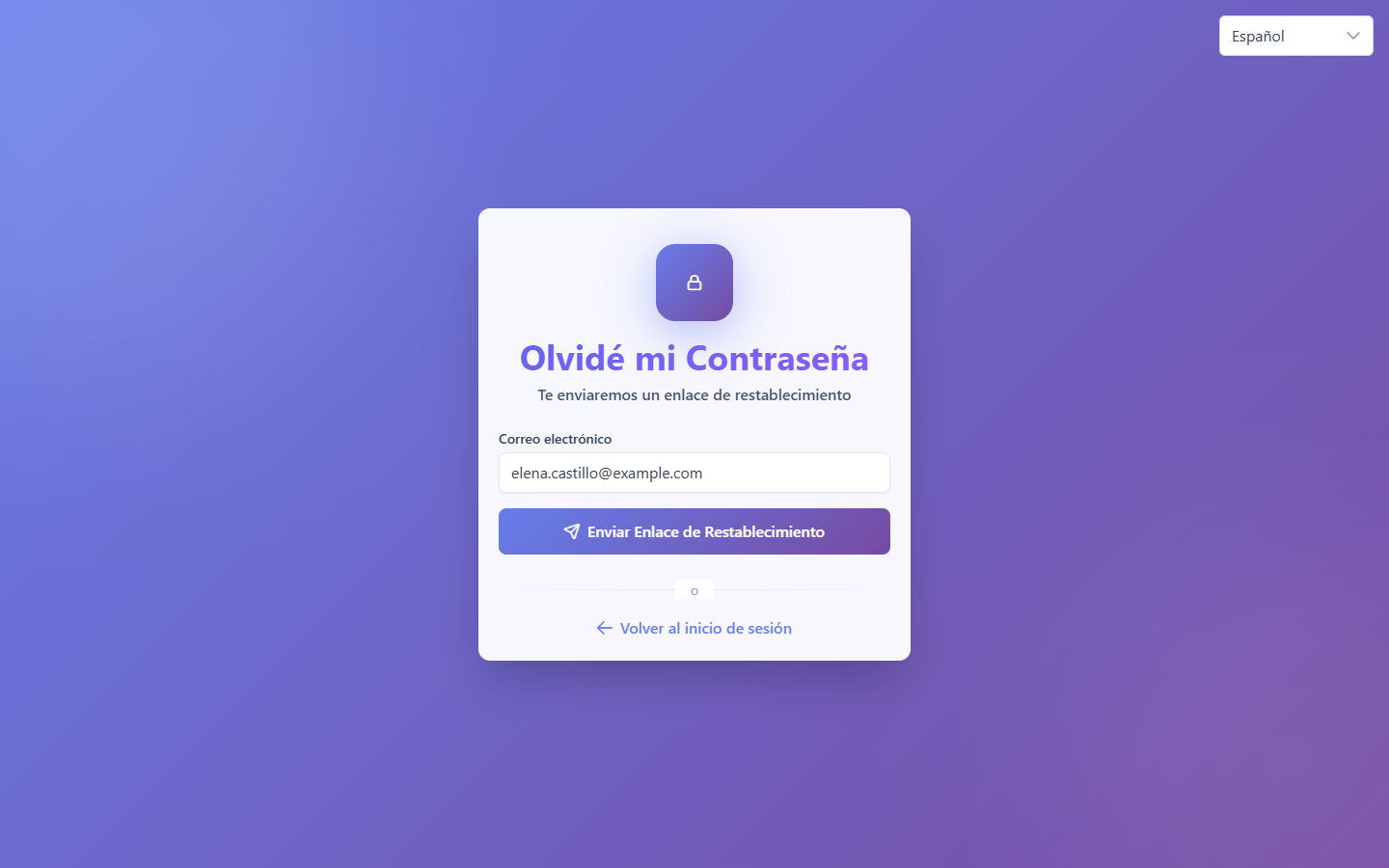 La página Olvidé mi Contraseña con el campo Correo electrónico y el botón Enviar Enlace de Restablecimiento