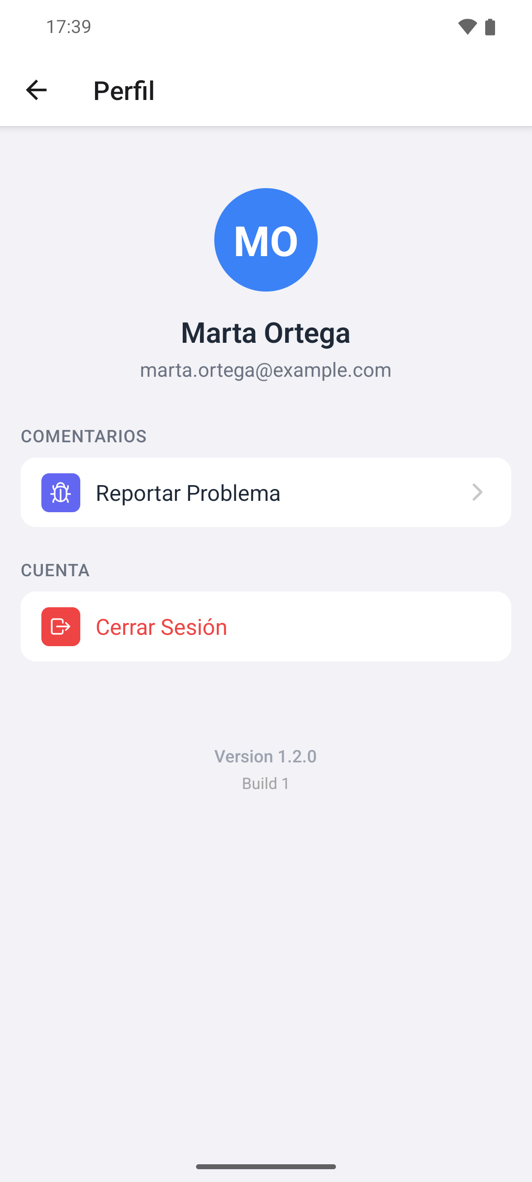 La pantalla Perfil de la aplicación móvil con Cerrar Sesión en Cuenta