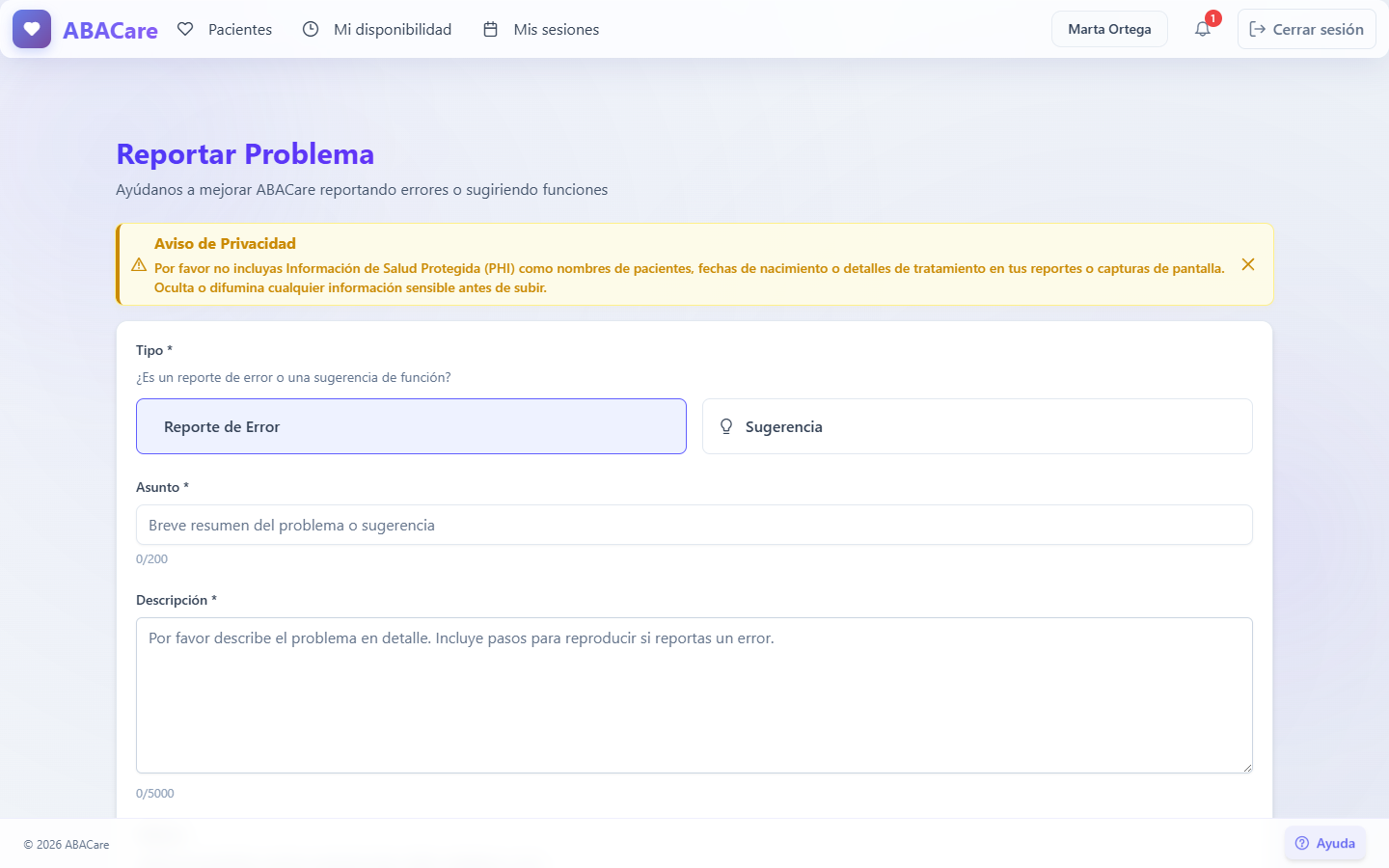 La página Reportar Problema de la aplicación web con los campos Tipo, Asunto, Descripción y Adjunto