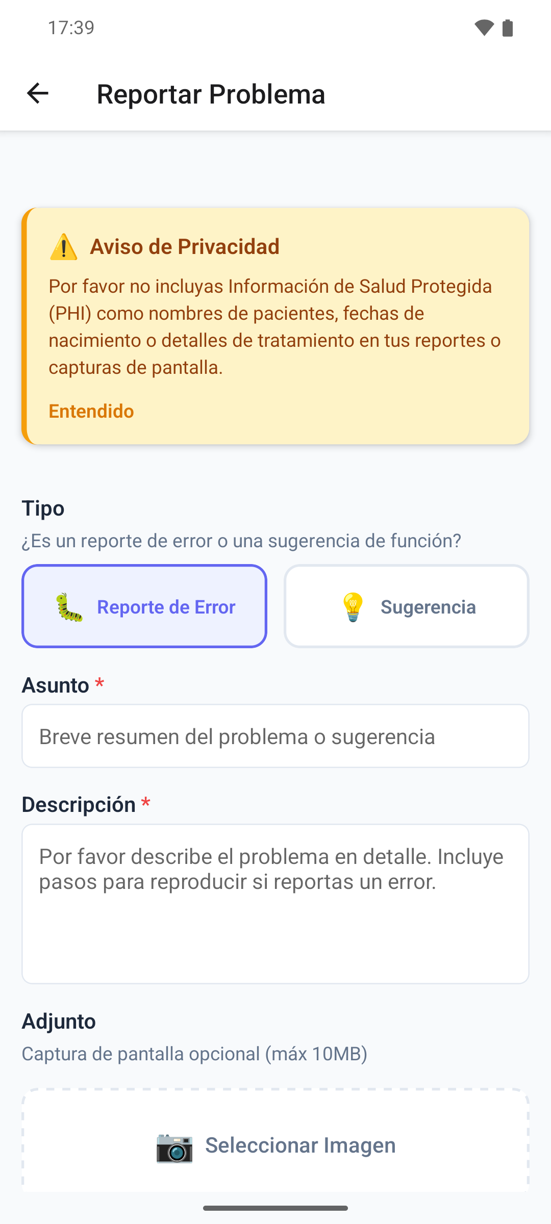 La pantalla Reportar Problema de la aplicación móvil con las opciones Reporte de Error y Sugerencia