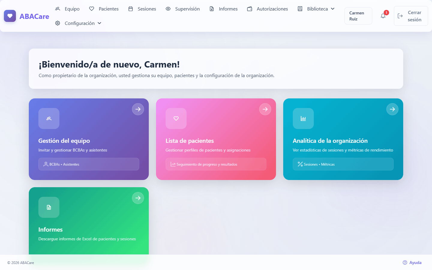 La aplicación web de ABACare de un propietario de organización, con el menú arriba y Ayuda al pie