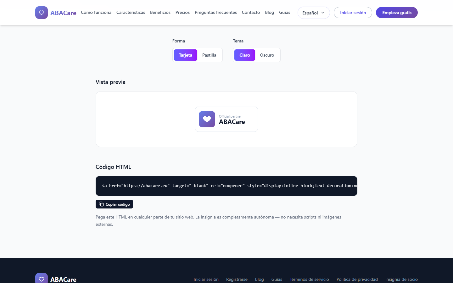 La página Insignia de socio con las opciones Forma y Tema, la insignia de tarjeta en la vista previa clara y el código HTML debajo