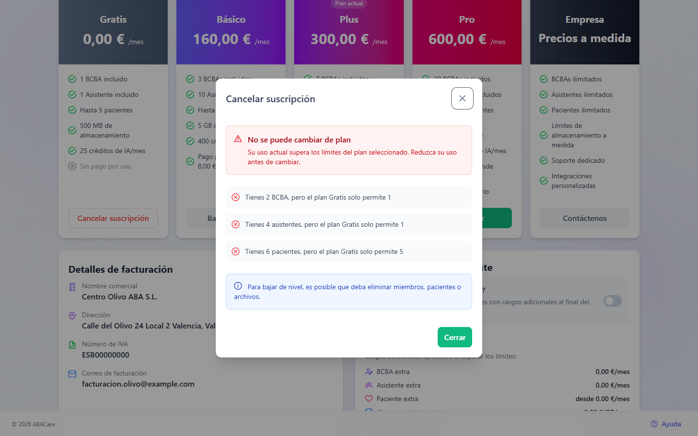 La ventana Cancelar suscripción mostrando No se puede cambiar de plan, con los BCBA, asistentes y pacientes que superan el plan gratuito