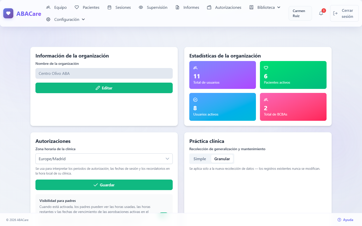 La tarjeta Práctica clínica de la configuración de la organización, con Granular seleccionado en Recolección de generalización y mantenimiento