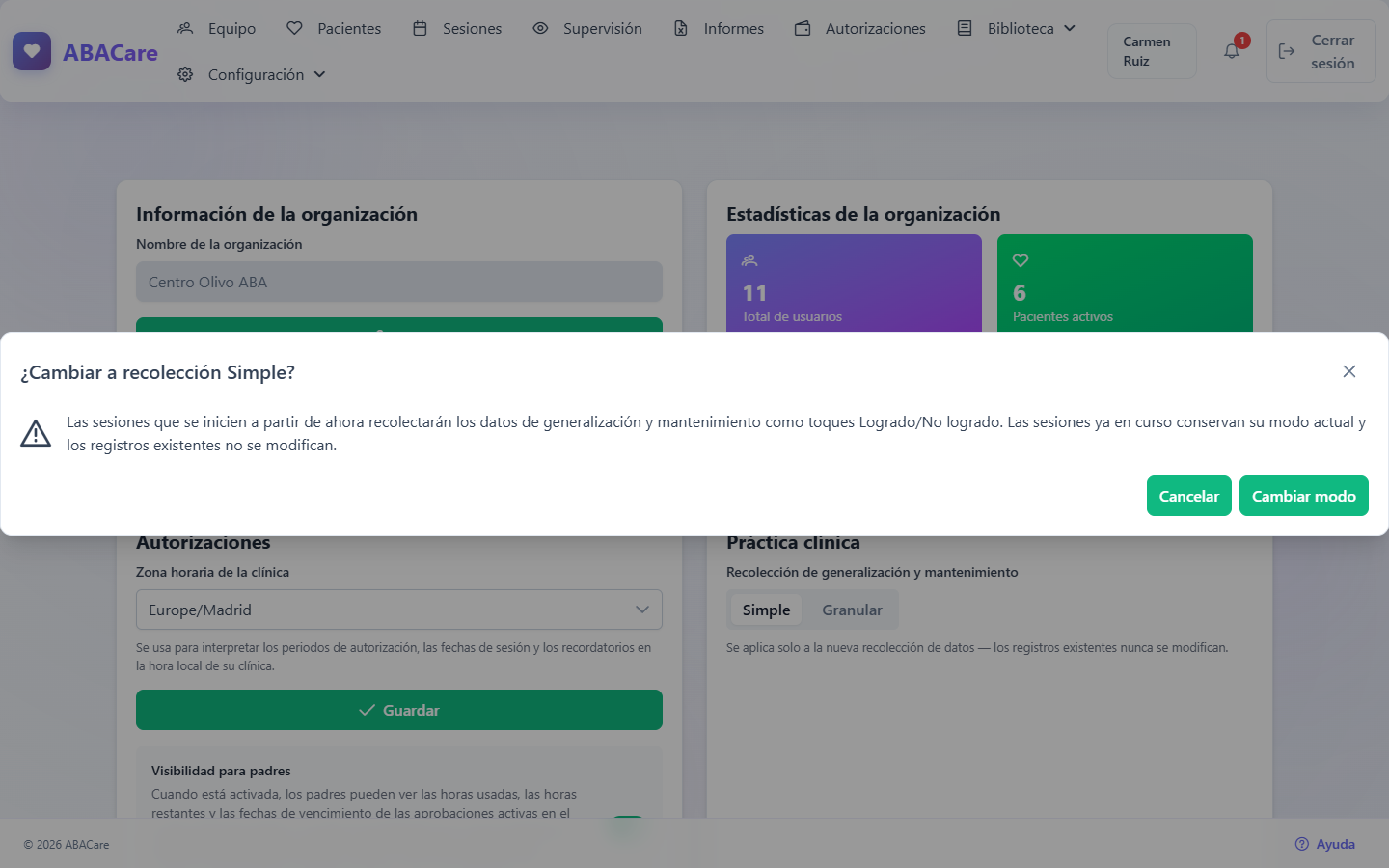 La ventana ¿Cambiar a recolección Simple? con los botones Cancelar y Cambiar modo
