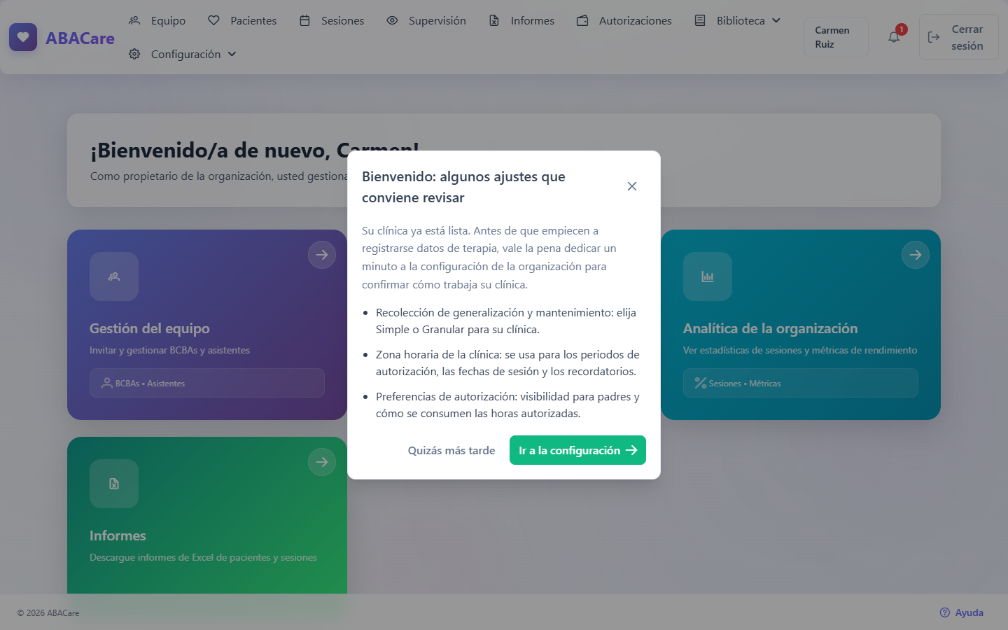 La ventana Bienvenido: algunos ajustes que conviene revisar con sus tres ajustes y los botones Quizás más tarde e Ir a la configuración
