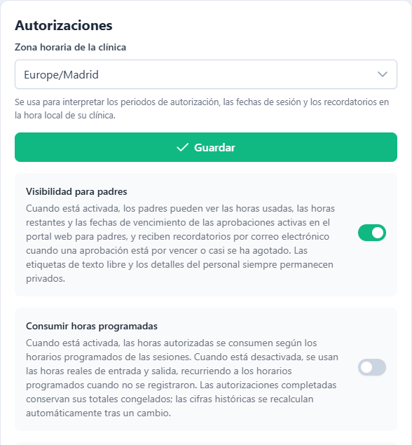 La tarjeta Autorizaciones de la configuración de la organización, con la Zona horaria de la clínica, el interruptor Visibilidad para padres activado y el interruptor Consumir horas programadas desactivado