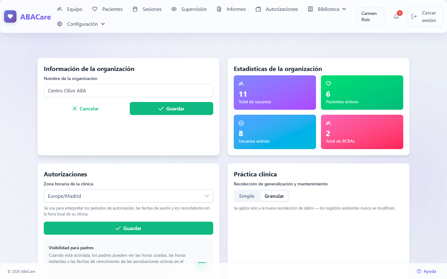 La página de configuración de la organización con la tarjeta Información de la organización en modo de edición, Cancelar y Guardar, y la tarjeta Estadísticas de la organización al lado
