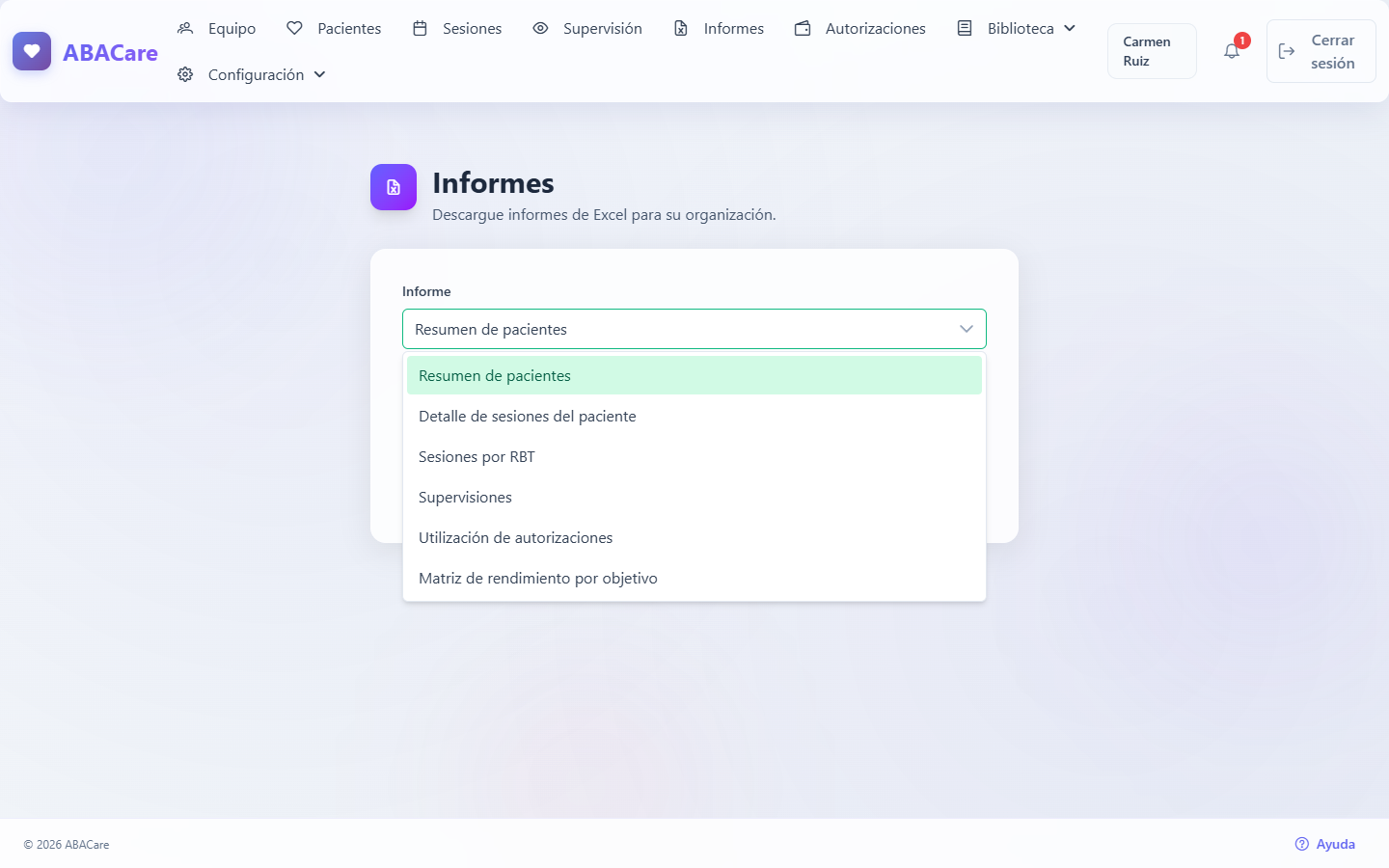 La página Informes del propietario de la organización con la lista Informe abierta, que muestra los seis informes