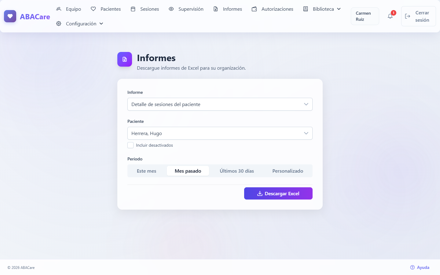 La página Informes con Detalle de sesiones del paciente seleccionado, un paciente elegido, Mes pasado seleccionado y el botón Descargar Excel