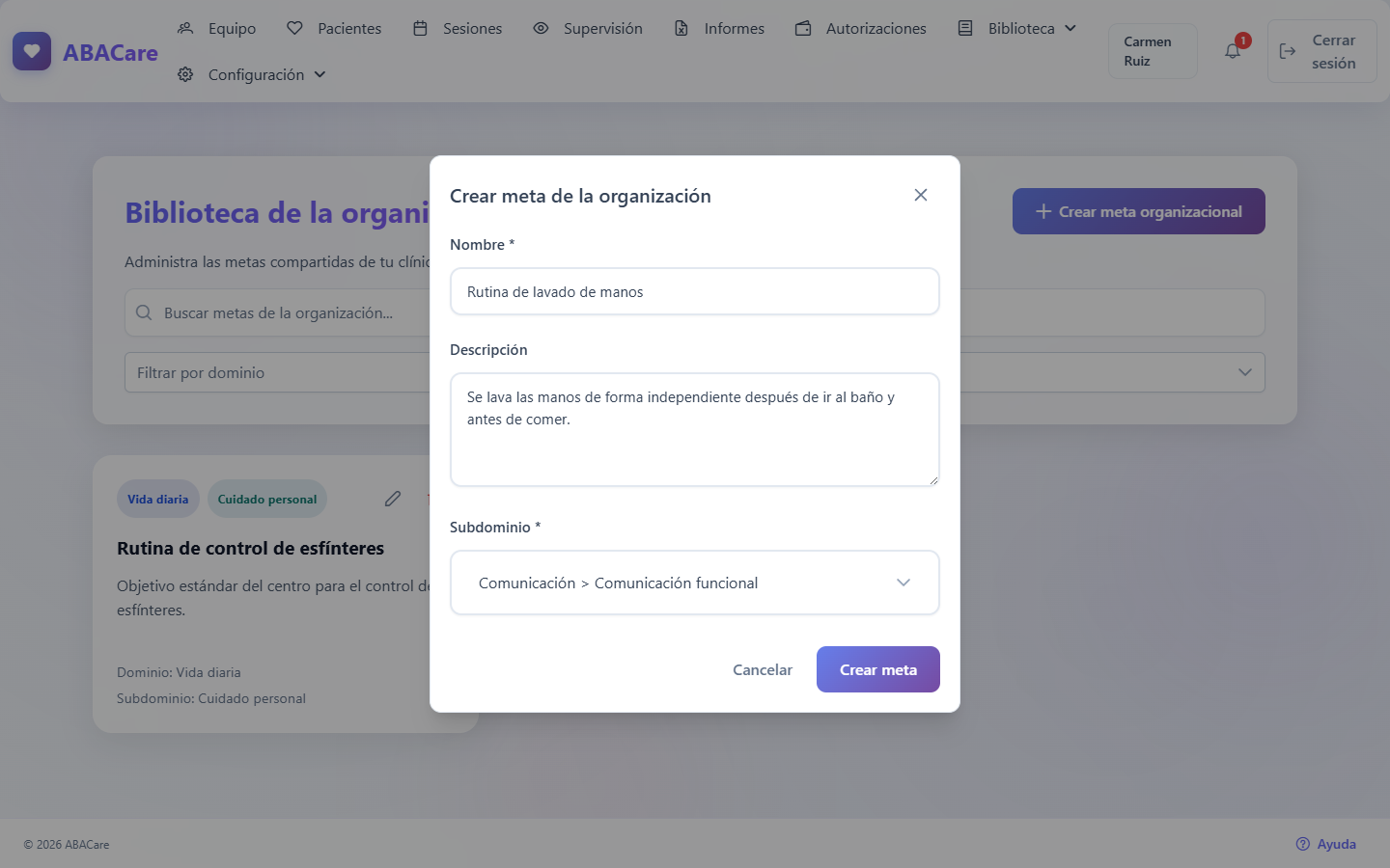 La ventana Crear meta de la organización con un nombre, una descripción y un subdominio, y los botones Cancelar y Crear meta